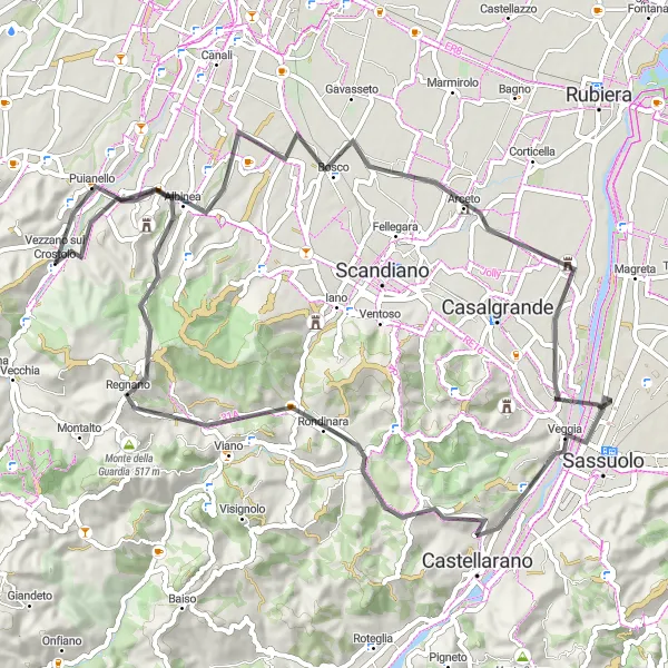 Miniatua del mapa de inspiración ciclista "Desafío en Bicicleta por las Colinas de Emilia" en Emilia-Romagna, Italy. Generado por Tarmacs.app planificador de rutas ciclistas
