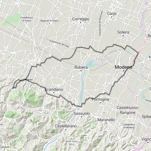 Miniatura della mappa di ispirazione al ciclismo "Il Grand Tour a Modena e Albinea" nella regione di Emilia-Romagna, Italy. Generata da Tarmacs.app, pianificatore di rotte ciclistiche