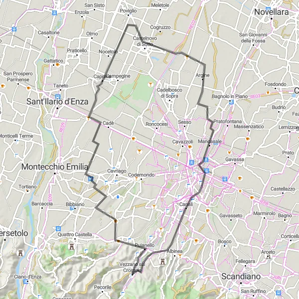 Map miniature of "Cycling Route to Reggio nell'Emilia" cycling inspiration in Emilia-Romagna, Italy. Generated by Tarmacs.app cycling route planner