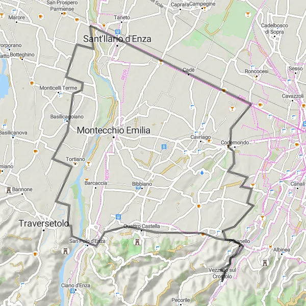 Karttaminiaatyyri "Vezzano sul Crostolon maantiekiertue" pyöräilyinspiraatiosta alueella Emilia-Romagna, Italy. Luotu Tarmacs.app pyöräilyreittisuunnittelijalla