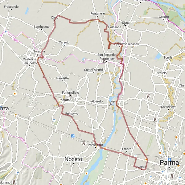 Zemljevid v pomanjšavi "San Pancrazio Parmense Gravel Adventure" kolesarske inspiracije v Emilia-Romagna, Italy. Generirano z načrtovalcem kolesarskih poti Tarmacs.app