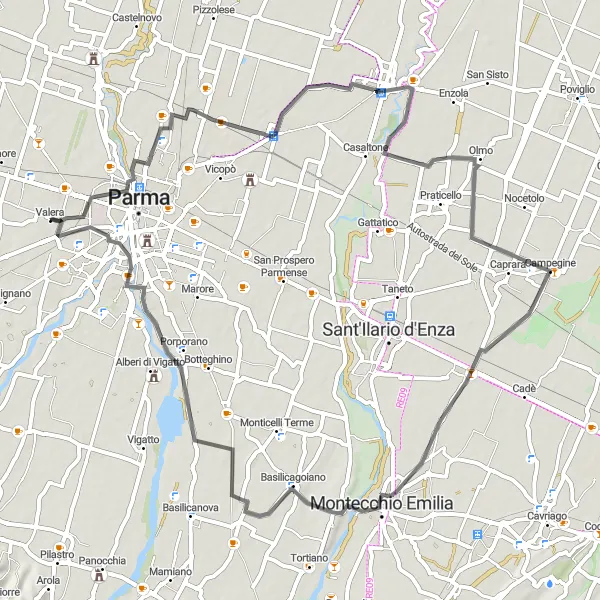 Map miniature of "Valera and Sorbolo Loop" cycling inspiration in Emilia-Romagna, Italy. Generated by Tarmacs.app cycling route planner