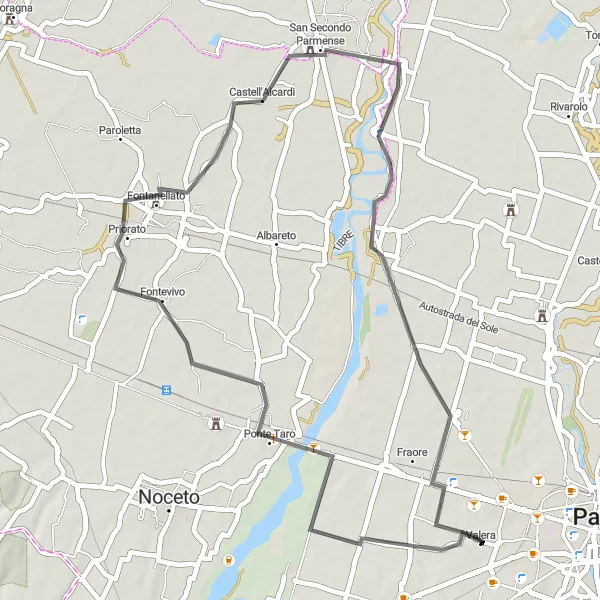 Karten-Miniaturansicht der Radinspiration "Kurze, aber anspruchsvolle Tour durch Valera, Ponte Taro, Castell'Aicardi und San Pancrazio Parmense" in Emilia-Romagna, Italy. Erstellt vom Tarmacs.app-Routenplaner für Radtouren