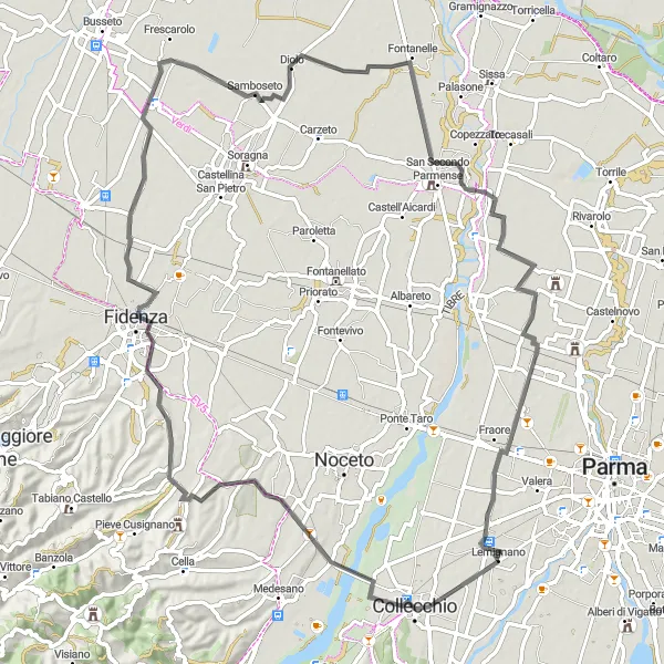 Miniaturní mapa "Kolo trasa s výškovými metry" inspirace pro cyklisty v oblasti Emilia-Romagna, Italy. Vytvořeno pomocí plánovače tras Tarmacs.app