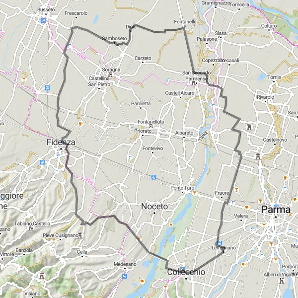 Miniatura della mappa di ispirazione al ciclismo "Tra colli e natura nei dintorni di Vicofertile" nella regione di Emilia-Romagna, Italy. Generata da Tarmacs.app, pianificatore di rotte ciclistiche