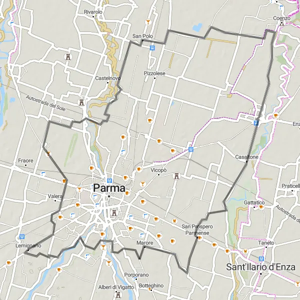 Miniature de la carte de l'inspiration cycliste "Parcours pittoresque autour de Vicofertile" dans la Emilia-Romagna, Italy. Générée par le planificateur d'itinéraire cycliste Tarmacs.app