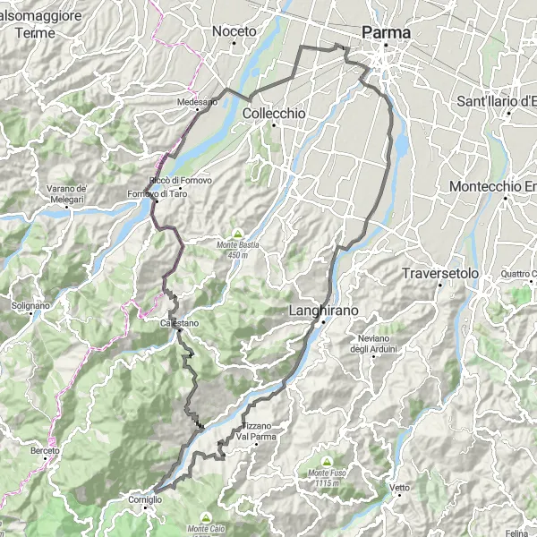 Miniaturekort af cykelinspirationen "Vigatto to Monte Castione Road Cycling Route" i Emilia-Romagna, Italy. Genereret af Tarmacs.app cykelruteplanlægger