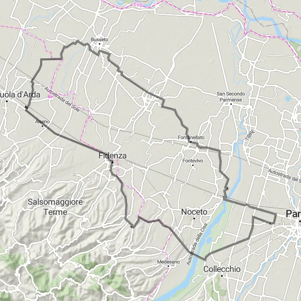 Map miniature of "The Road to Verdi" cycling inspiration in Emilia-Romagna, Italy. Generated by Tarmacs.app cycling route planner