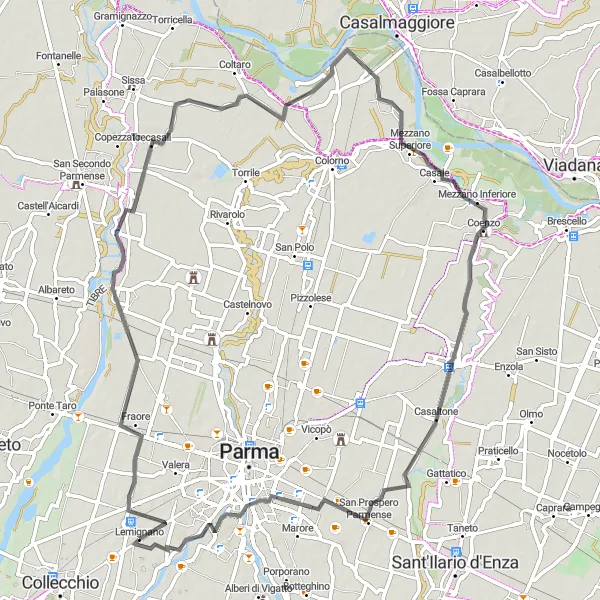 Zemljevid v pomanjšavi "Cikloturistična pot ob reki Po" kolesarske inspiracije v Emilia-Romagna, Italy. Generirano z načrtovalcem kolesarskih poti Tarmacs.app