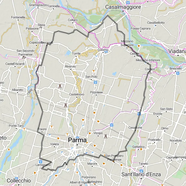 Karten-Miniaturansicht der Radinspiration "Abenteuerliche Fahrradtour durch Vicofertile, Trecasali, Fiume Po, Mezzano Inferiore, Casaltone und Lemignano" in Emilia-Romagna, Italy. Erstellt vom Tarmacs.app-Routenplaner für Radtouren