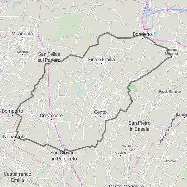 Miniatua del mapa de inspiración ciclista "Viaje en bicicleta de 115 km desde Vigarano Mainarda" en Emilia-Romagna, Italy. Generado por Tarmacs.app planificador de rutas ciclistas