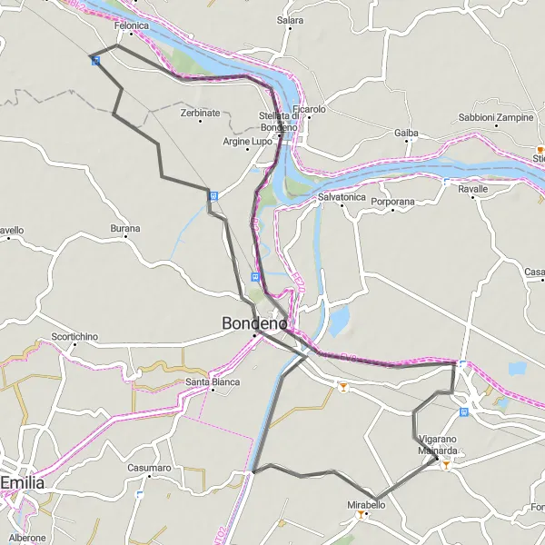 Karten-Miniaturansicht der Radinspiration "Radroute von Mirabello nach Vigarano Mainarda" in Emilia-Romagna, Italy. Erstellt vom Tarmacs.app-Routenplaner für Radtouren