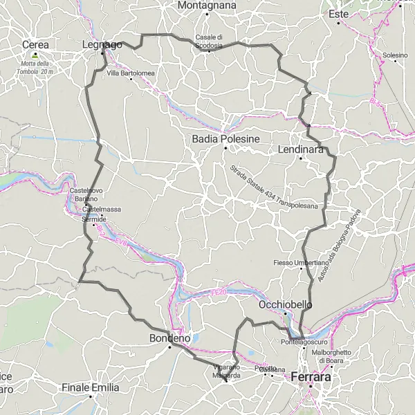 Miniatua del mapa de inspiración ciclista "Ruta por carretera desde Vigarano Mainarda" en Emilia-Romagna, Italy. Generado por Tarmacs.app planificador de rutas ciclistas