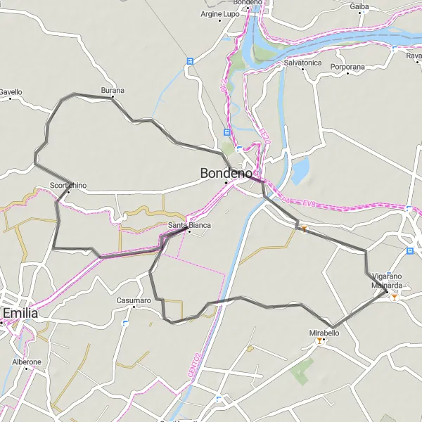 Miniatuurkaart van de fietsinspiratie "Korte en zoete rit naar Vigarano Mainarda" in Emilia-Romagna, Italy. Gemaakt door de Tarmacs.app fietsrouteplanner