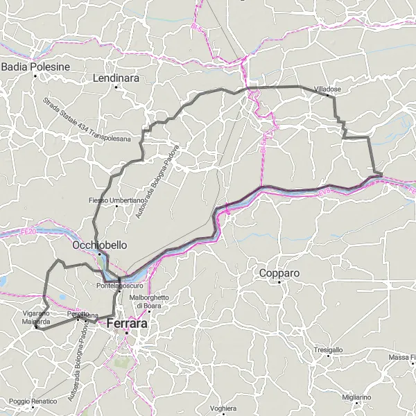 Miniatura della mappa di ispirazione al ciclismo "Avventura in bicicletta fino a Occhiobello" nella regione di Emilia-Romagna, Italy. Generata da Tarmacs.app, pianificatore di rotte ciclistiche