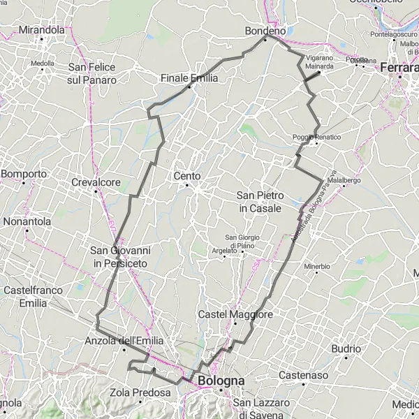 Miniature de la carte de l'inspiration cycliste "Parcours de Vigarano Mainarda à Bondeno" dans la Emilia-Romagna, Italy. Générée par le planificateur d'itinéraire cycliste Tarmacs.app