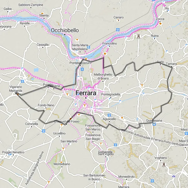 Miniatua del mapa de inspiración ciclista "Ruta de ciclismo de 69 km cerca de Vigarano Mainarda" en Emilia-Romagna, Italy. Generado por Tarmacs.app planificador de rutas ciclistas