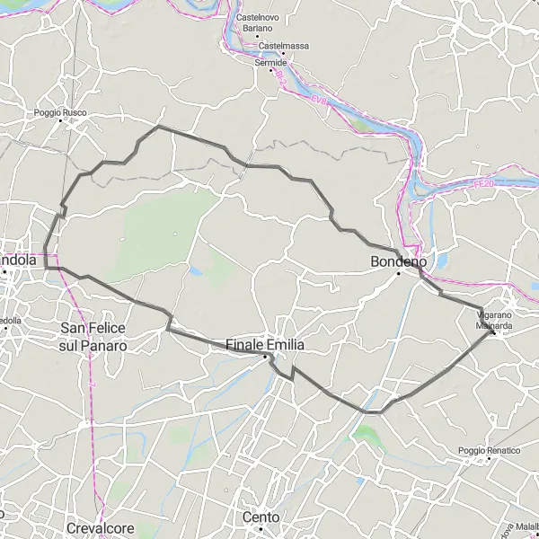 Miniaturní mapa "Okruh kolem Vigarano Mainarda" inspirace pro cyklisty v oblasti Emilia-Romagna, Italy. Vytvořeno pomocí plánovače tras Tarmacs.app