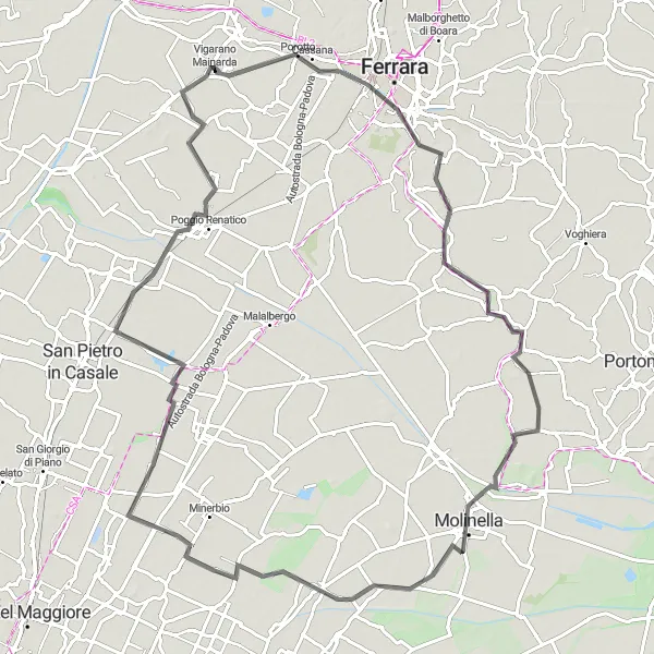 Miniaturní mapa "Okruh směrem od Vigarano Mainarda" inspirace pro cyklisty v oblasti Emilia-Romagna, Italy. Vytvořeno pomocí plánovače tras Tarmacs.app