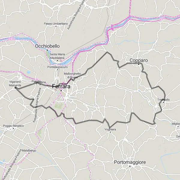 Miniatura della mappa di ispirazione al ciclismo "Giro in bicicletta da Vigarano Mainarda" nella regione di Emilia-Romagna, Italy. Generata da Tarmacs.app, pianificatore di rotte ciclistiche