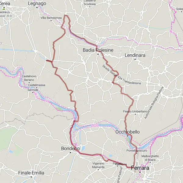 Zemljevid v pomanjšavi "Kolesarska pot v okolici Vigarano Pieve" kolesarske inspiracije v Emilia-Romagna, Italy. Generirano z načrtovalcem kolesarskih poti Tarmacs.app