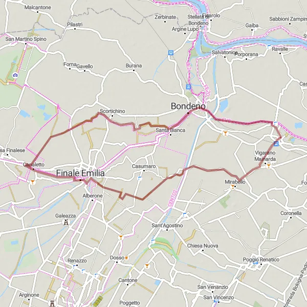 Mapa miniatúra "Gravel Cycling around Vigarano Pieve" cyklistická inšpirácia v Emilia-Romagna, Italy. Vygenerované cyklistickým plánovačom trás Tarmacs.app