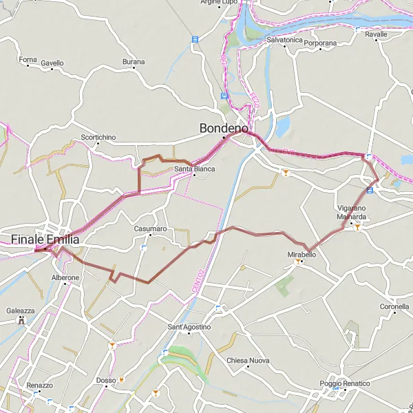 Kartminiatyr av "Grusvägscykling runt Vigarano Pieve och Buonacompra" cykelinspiration i Emilia-Romagna, Italy. Genererad av Tarmacs.app cykelruttplanerare