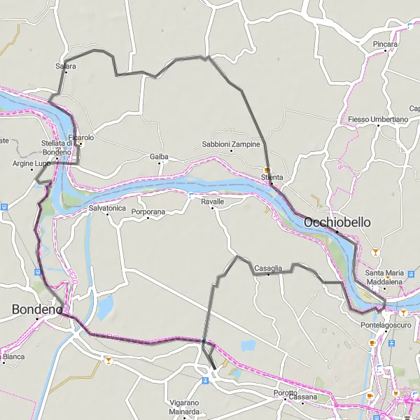 Karten-Miniaturansicht der Radinspiration "Road Route durch Vigarano Pieve und Umgebung" in Emilia-Romagna, Italy. Erstellt vom Tarmacs.app-Routenplaner für Radtouren