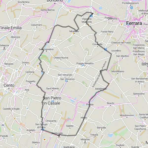 Mapa miniatúra "Cyklistická trasa cez Vigarano Mainarda, Bentivoglio a Sant'Agostino" cyklistická inšpirácia v Emilia-Romagna, Italy. Vygenerované cyklistickým plánovačom trás Tarmacs.app