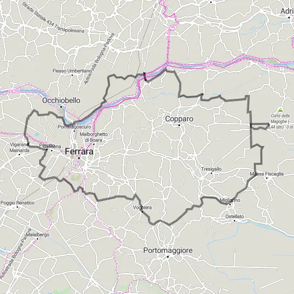 Mapa miniatúra "Výlet cez Canaro a Jolanda di Savoia" cyklistická inšpirácia v Emilia-Romagna, Italy. Vygenerované cyklistickým plánovačom trás Tarmacs.app