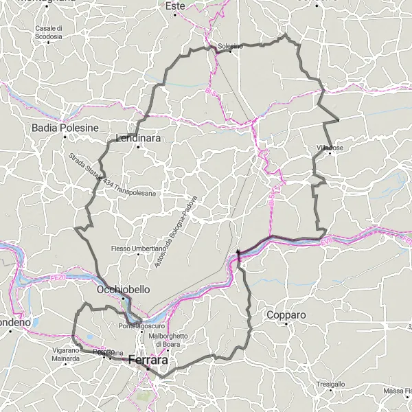 Mapa miniatúra "Okruh cez Casagliu, Stienta a Anguillara Veneta" cyklistická inšpirácia v Emilia-Romagna, Italy. Vygenerované cyklistickým plánovačom trás Tarmacs.app
