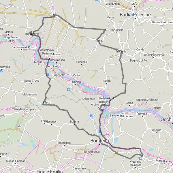 Miniatua del mapa de inspiración ciclista "Ruta de ciclismo por carretera de 101 km cerca de Vigarano Pieve" en Emilia-Romagna, Italy. Generado por Tarmacs.app planificador de rutas ciclistas