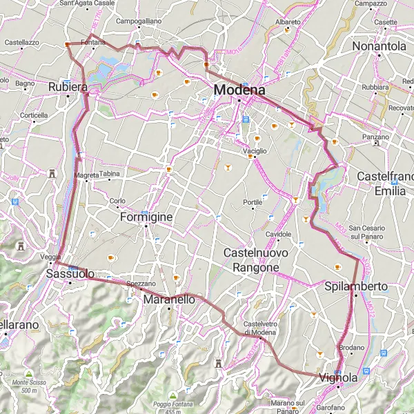 Miniaturní mapa "Gravelová výzva kolem Modeny" inspirace pro cyklisty v oblasti Emilia-Romagna, Italy. Vytvořeno pomocí plánovače tras Tarmacs.app