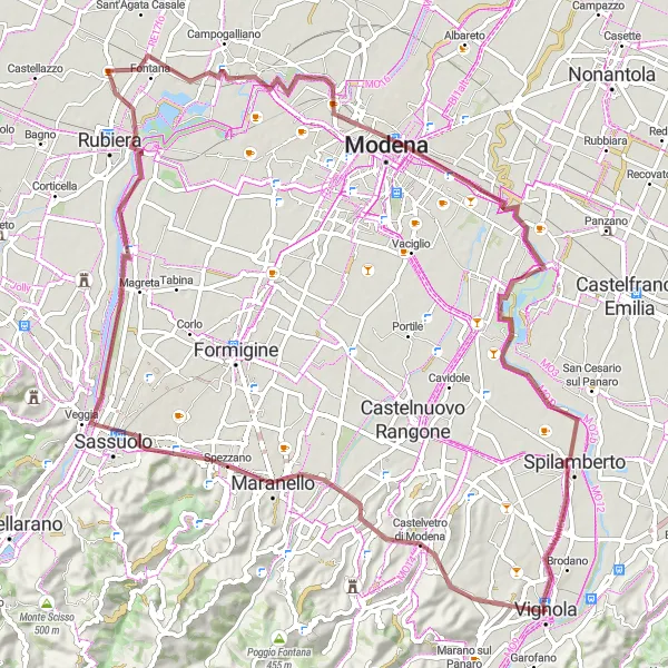 Miniatura della mappa di ispirazione al ciclismo "Esplorazione dei Boschi di Sassuolo" nella regione di Emilia-Romagna, Italy. Generata da Tarmacs.app, pianificatore di rotte ciclistiche