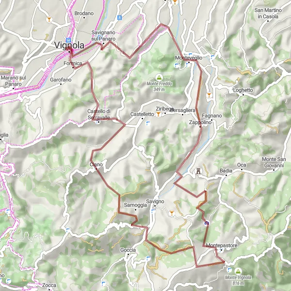 Kartminiatyr av "Grusvei Eventyr rundt Vignola" sykkelinspirasjon i Emilia-Romagna, Italy. Generert av Tarmacs.app sykkelrutoplanlegger