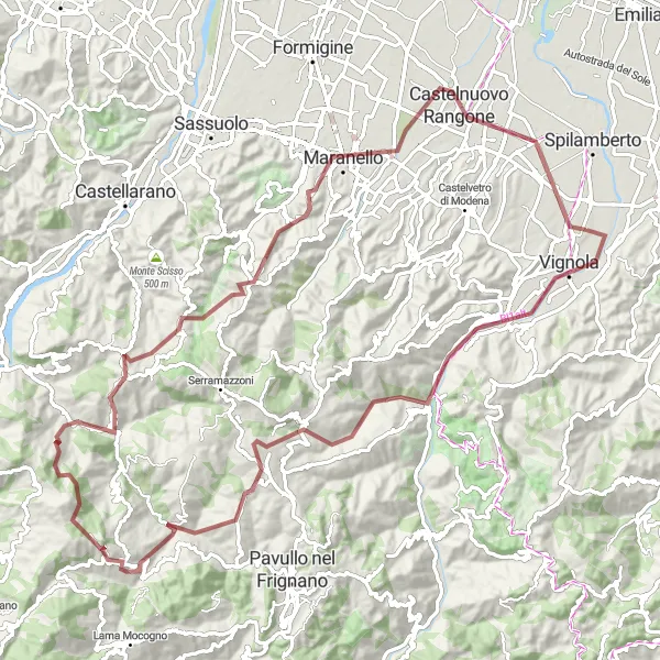 Mapa miniatúra "Gravelová cyklotrasa Marano sul Panaro - Castelnuovo Rangone" cyklistická inšpirácia v Emilia-Romagna, Italy. Vygenerované cyklistickým plánovačom trás Tarmacs.app