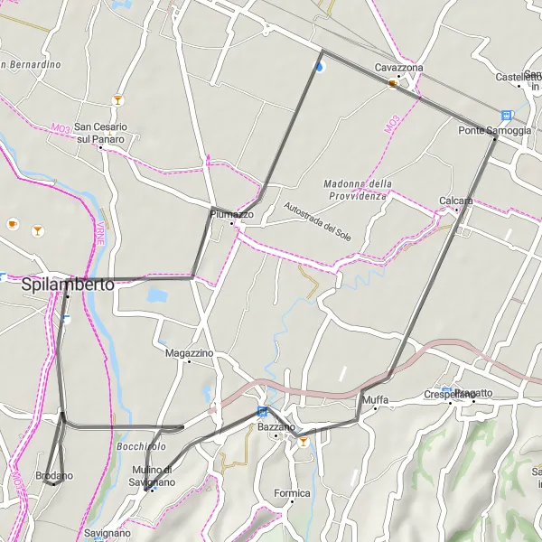 Map miniature of "Spilamberto and Calcara Loop" cycling inspiration in Emilia-Romagna, Italy. Generated by Tarmacs.app cycling route planner