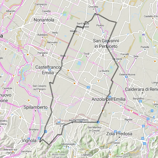 Miniature de la carte de l'inspiration cycliste "La Boucle des Villages Émilie-Romagnols" dans la Emilia-Romagna, Italy. Générée par le planificateur d'itinéraire cycliste Tarmacs.app