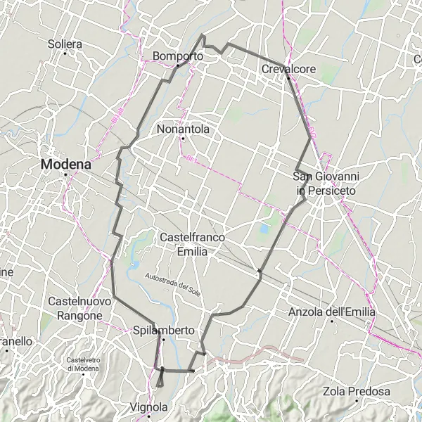 Miniaturní mapa "Cyklotrasa kolem Vignoly" inspirace pro cyklisty v oblasti Emilia-Romagna, Italy. Vytvořeno pomocí plánovače tras Tarmacs.app