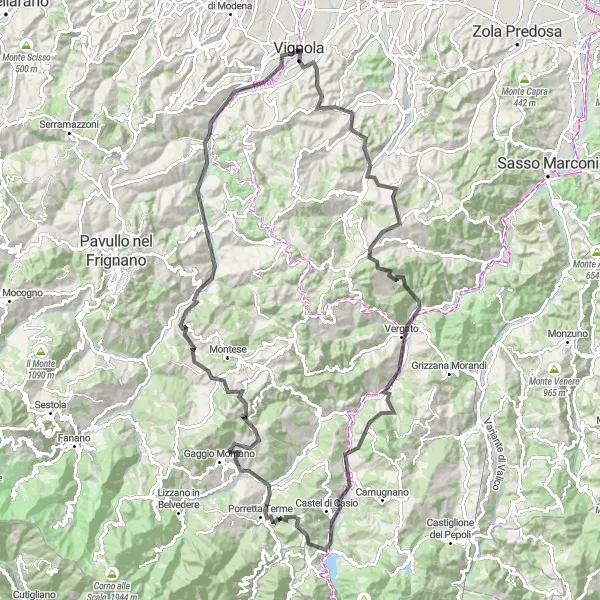 Karttaminiaatyyri "Haastava maantiepyöräreitti Apenniineilla" pyöräilyinspiraatiosta alueella Emilia-Romagna, Italy. Luotu Tarmacs.app pyöräilyreittisuunnittelijalla