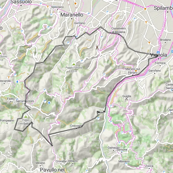 Miniatua del mapa de inspiración ciclista "Ruta de ciclismo de carretera por Marano sul Panaro y Castelvetro di Modena" en Emilia-Romagna, Italy. Generado por Tarmacs.app planificador de rutas ciclistas