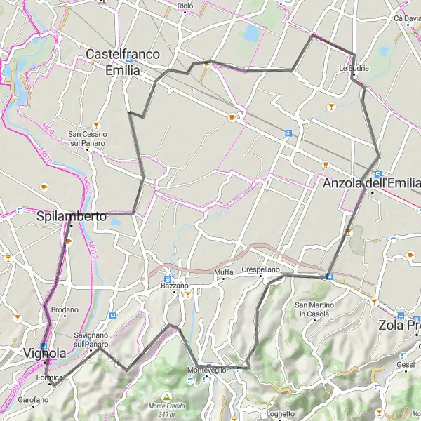 Kartminiatyr av "Kullig Road Trip till Savignano sul Panaro" cykelinspiration i Emilia-Romagna, Italy. Genererad av Tarmacs.app cykelruttplanerare