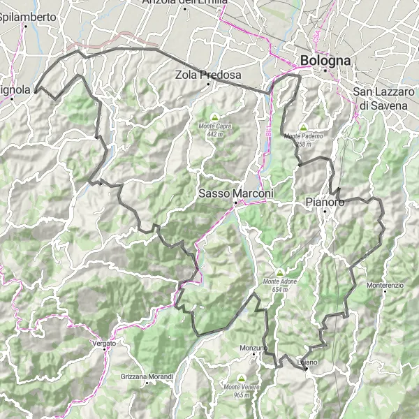 Miniatua del mapa de inspiración ciclista "Gran Ruta Ciclista por los Alrededores de Vignola" en Emilia-Romagna, Italy. Generado por Tarmacs.app planificador de rutas ciclistas