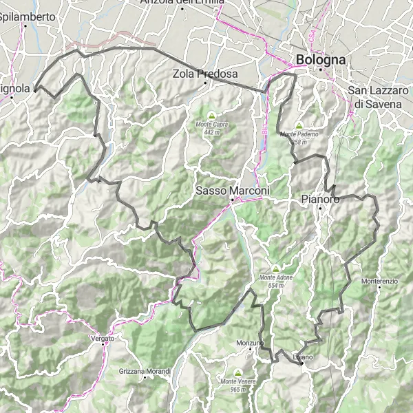 Miniatura della mappa di ispirazione al ciclismo "Giro epico attraverso Monte Bastia e Loiano" nella regione di Emilia-Romagna, Italy. Generata da Tarmacs.app, pianificatore di rotte ciclistiche