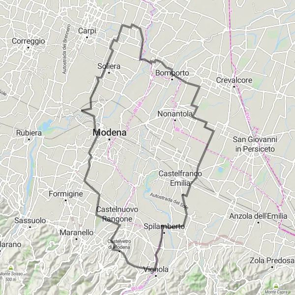 Map miniature of "Castelvetro di Modena Circuit" cycling inspiration in Emilia-Romagna, Italy. Generated by Tarmacs.app cycling route planner