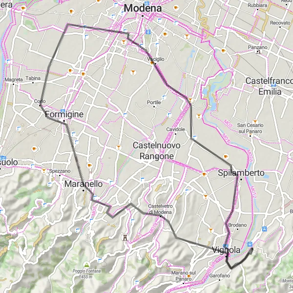 Kartminiatyr av "Vignola til Castelvetro di Modena Sykkeltur" sykkelinspirasjon i Emilia-Romagna, Italy. Generert av Tarmacs.app sykkelrutoplanlegger