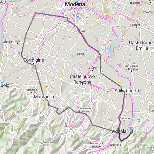 Miniatura della mappa di ispirazione al ciclismo "Cicloturismo attraverso Castelvetro di Modena e Formigine" nella regione di Emilia-Romagna, Italy. Generata da Tarmacs.app, pianificatore di rotte ciclistiche