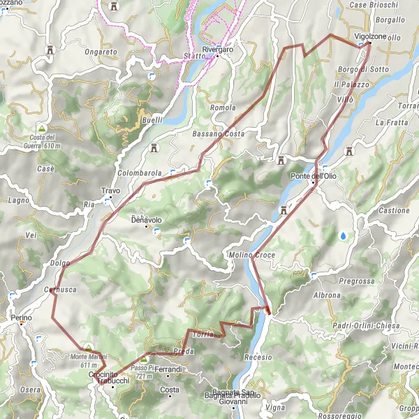 Mapa miniatúra "Gravelová cyklotrasa okolo Vigolzone" cyklistická inšpirácia v Emilia-Romagna, Italy. Vygenerované cyklistickým plánovačom trás Tarmacs.app