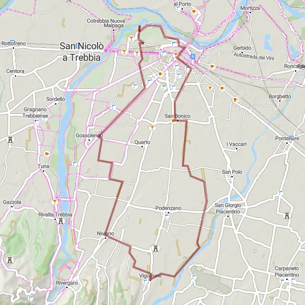 Mapa miniatúra "Okruh na štrkový bicykel z Vigolzone" cyklistická inšpirácia v Emilia-Romagna, Italy. Vygenerované cyklistickým plánovačom trás Tarmacs.app