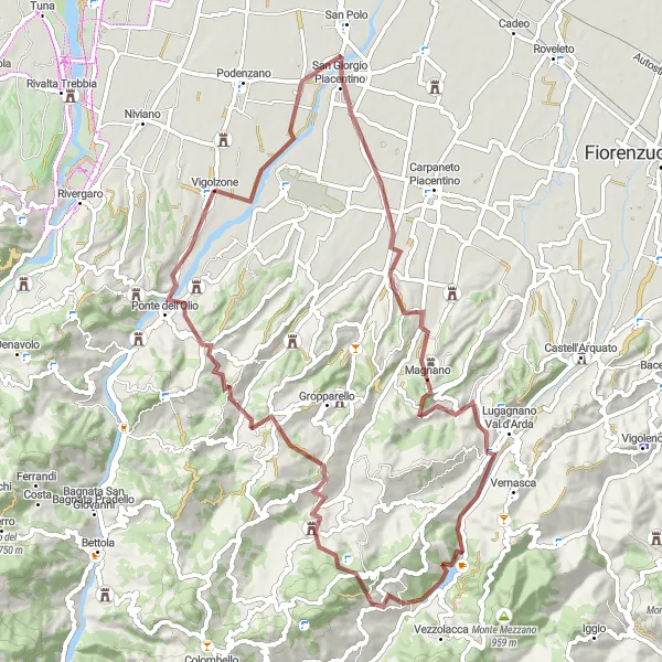 Miniatua del mapa de inspiración ciclista "Ruta de ciclismo de grava a través de San Giorgio Piacentino y Gazzola" en Emilia-Romagna, Italy. Generado por Tarmacs.app planificador de rutas ciclistas